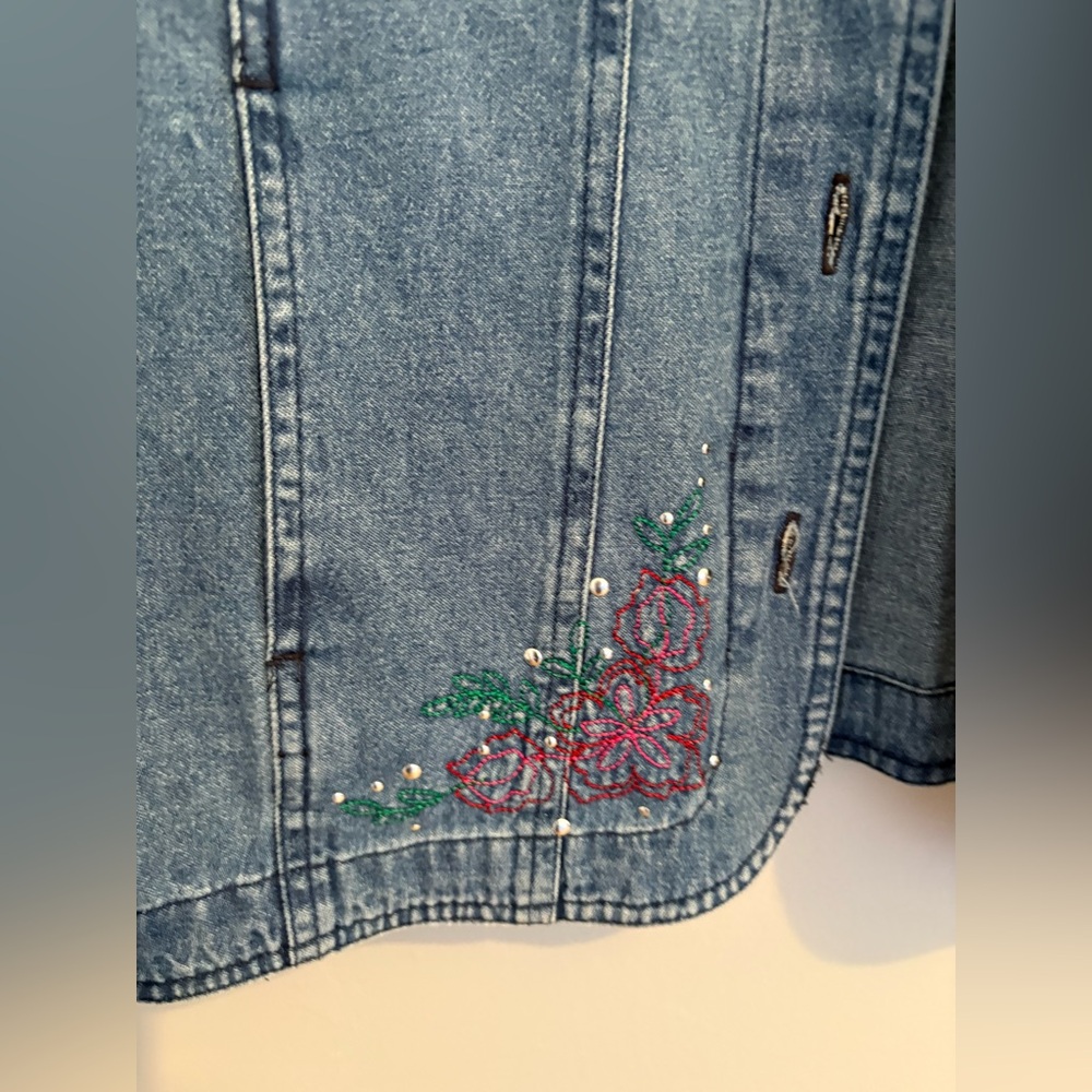 Basic Editions Denim Jacket Embroidered Beaded Fl… - image 13